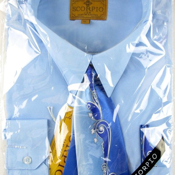 NWT Scorpio Men's 3 Pc Blue Dress Shirt, Tie & Pocket Square Set, Size XL (17.5) - Picture 1 of 2